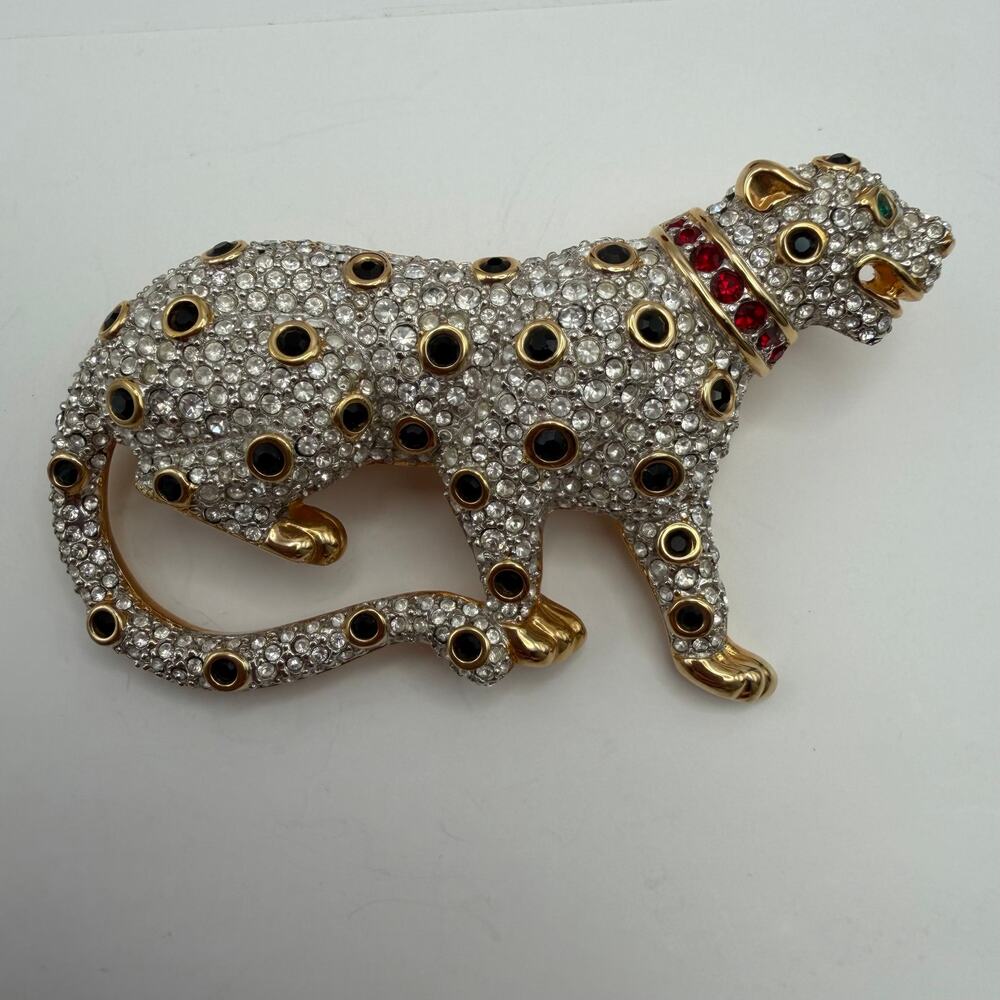 Vtg Swarovski S.A.L. Pave Crystal Leopard Panther Brooch Pin Emerald Eye Collar